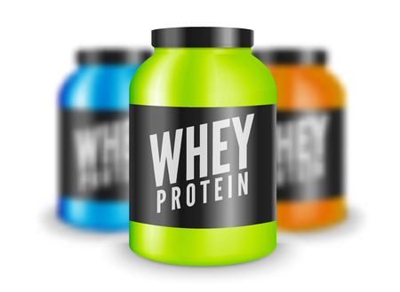 Whey protein bodybuilding nutrition isolated on white. Lifestyle power fitness training sport illustration. Supplement for gym.のイラスト素材