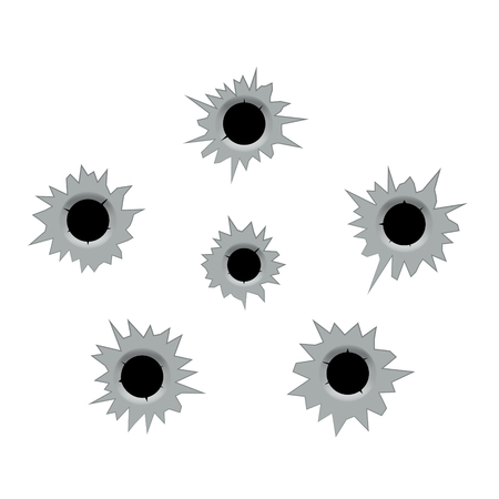Bullet holes cracks illustration. Criminal gun steel hole. Target shot violence and war concept. Weapon vector hole.のイラスト素材