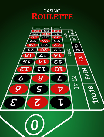 Casino roulette table perspective illustration. Green gambling roulette table with numbers.のイラスト素材