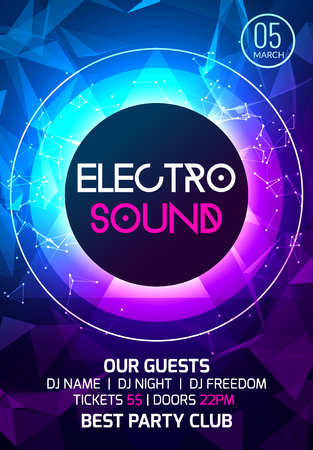 Electro sound party music poster. Electronic club deep music. Musical event disco trance sound. Night party invitation. DJ flyer poster.のイラスト素材