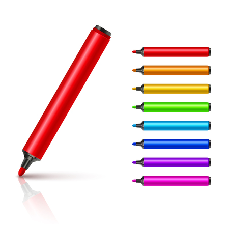 Marker pens, red, green, yellow, blue. Vector set colourful highlighters. Drawing pencil tool Marker art highlighterのイラスト素材