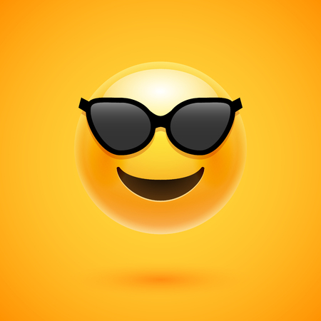 Happy emoji smile in sunglass. Yellow round emoticon cartoon character isolated illustration.のイラスト素材