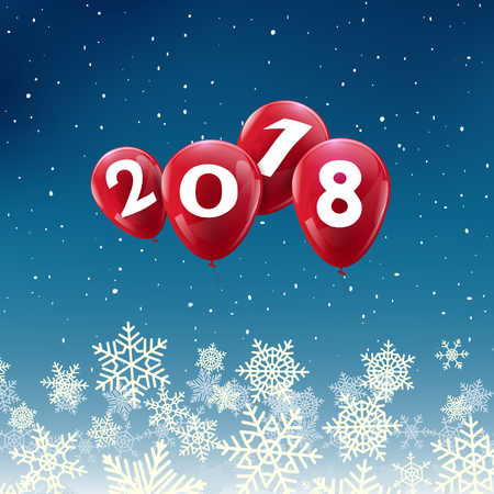 New 2018 year balloons design. Happy balloon vector decoration on winter snowflake backdrop for new year celebration.のイラスト素材
