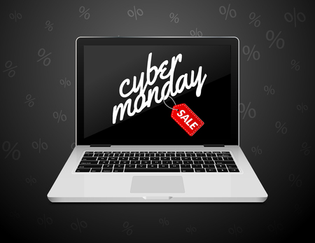 Cyber Monday sign on laptop screen. Vector internet shop sale background banner. Online sale discount.のイラスト素材