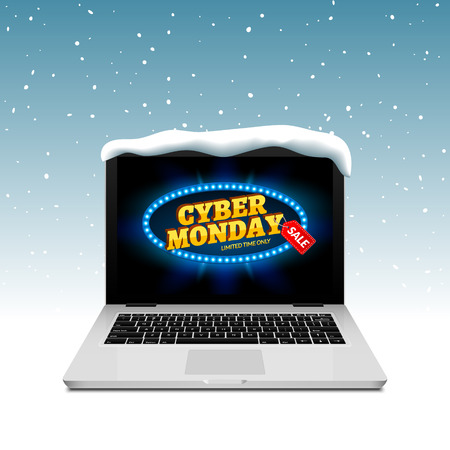 Cyber Monday sign on laptop screen. Vector online sale discount on winter background snow.のイラスト素材