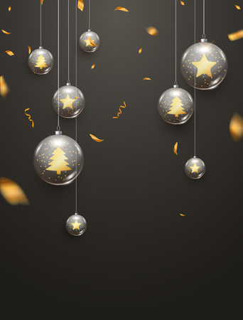 Luxury Christmas balls background decoration holiday greeting card. Glass xmas balls decoration background with confetti.のイラスト素材