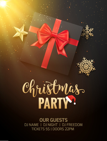 Christmas party poster invitation decoration design gift box. Xmas holiday template background with snowflakes.のイラスト素材