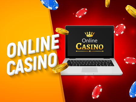 Online Casino Banner With Laptop Coins And Falling Chips Roulette