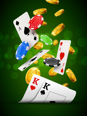 Poker chips casino green poster. Gamble cards and coins success winner royal casino background.のイラスト素材