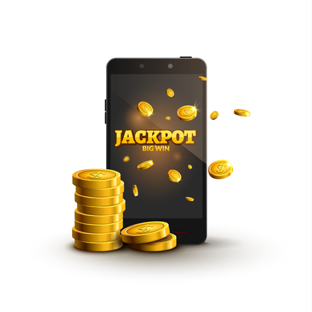 Jackpot money smartphone coins big win. Big income earn mobile money banner poster.のイラスト素材