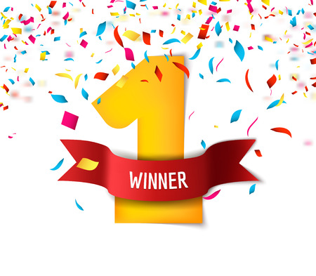 Winner, number one confetti background. Prize award triphy symbol. Victory and success concept. Champion sign.のイラスト素材