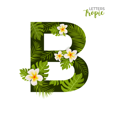 Exotic Tropical Alphabet letter B. Floral font letter with palm. Summer text typography creative design B.のイラスト素材