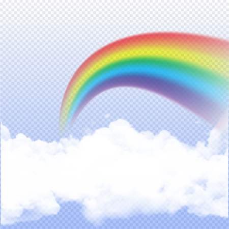 Rainbow realistic on transparent background with clouds. Vector isolated rainbow arch design concept.のイラスト素材