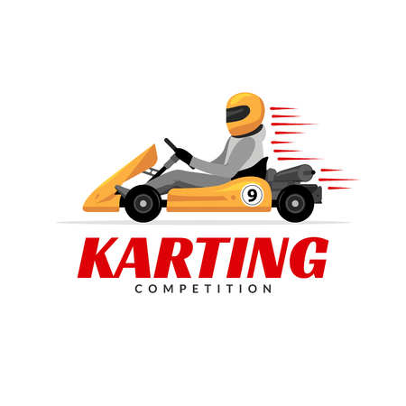 Kart driver sport logo icon. Karting racing isolated, Man drive kart in helmet background design.のイラスト素材