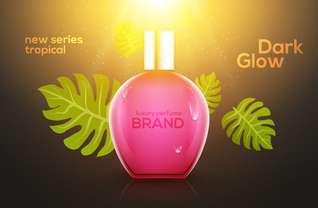 Cosmetic perfume tropic bottle design template. Summer beauty advertising female spray container perfume.のイラスト素材