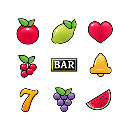 Slot machine symbols icons set. Casino gambling slot machine icons of fruit lemon seven bell .のイラスト素材