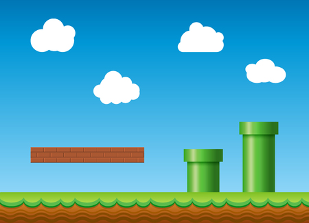 Old retro video game background. Classic retro style game design scenery.