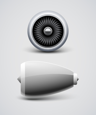 Jet airplane engine turbine front side view. Air blade fan, power engine of aircraft.のイラスト素材