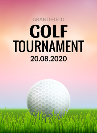 Golf tournament poster template flyer. Golf ball on green grass for competition. Sport club vector design.のイラスト素材