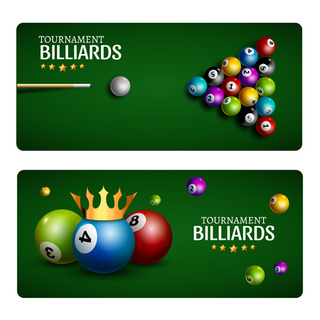Billiard club game banner template. Billiard pool green table design. Sport flyer ball tournament poolroom.のイラスト素材