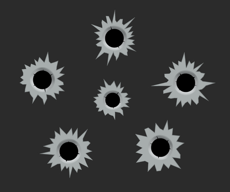Bullet holes cracks illustration. Criminal gun steel hole. Target shot violence and war concept. Weapon vector hole.のイラスト素材