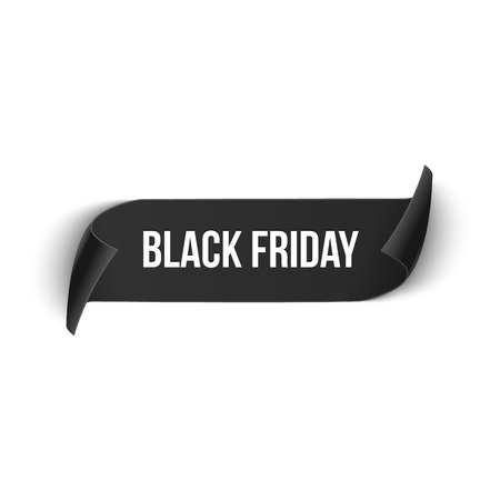 Black friday realistic curved ribbon banner. Paper Black friday sale design tag price. Vector illustration.のイラスト素材