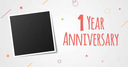1 year anniversary photo frame card. 1 year anniversary vector elegant template design.のイラスト素材