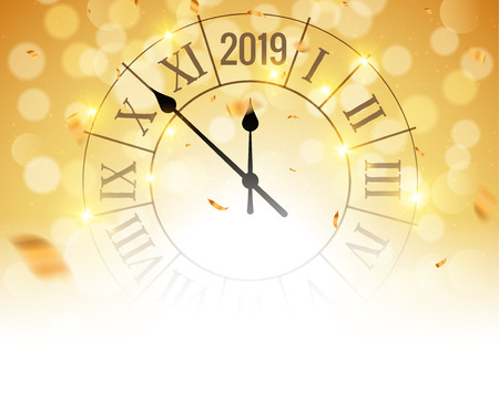 New Year 2019 golden shiny bokeh background poster with clock and confetti. Vector festive christmas card.のイラスト素材