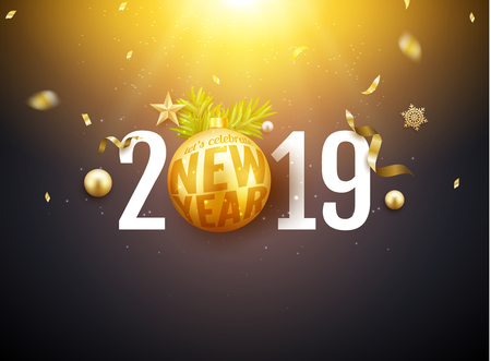 Happy New Year 2019 background with Christmas light tree and confetti decoration.のイラスト素材
