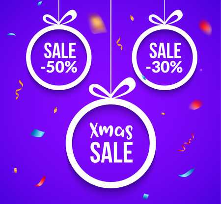 Christmas balls sale. Special offer vector tag. New year holiday card template. Shop market poster design.のイラスト素材