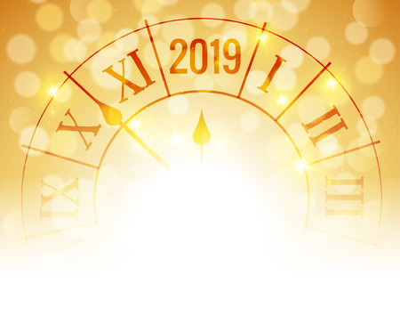 New Year 2019 golden shiny bokeh background poster with clock and confetti. festive christmas card.のイラスト素材
