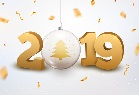Luxury Christmas ball 2019 typography. New Year background decoration holiday greeting card 2019.のイラスト素材