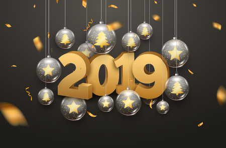 Luxury Christmas ball 2019 typography. New Year background decoration holiday greeting card 2019.のイラスト素材