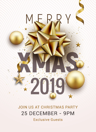 Christmas party poster template 2019. Christmas gold silver balls and golden bow flyer greeting decoration invitation banner.のイラスト素材