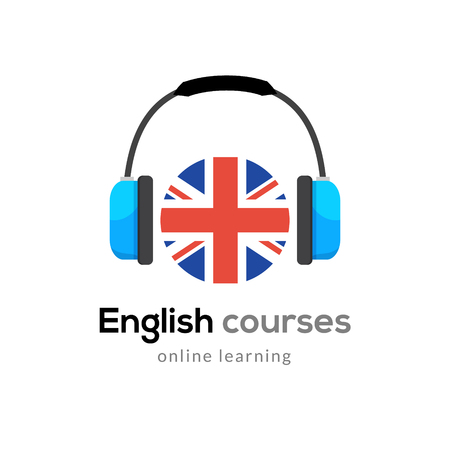 English language learning logo icon with headphones. Creative english class fluent concept speak test and grammar.のイラスト素材