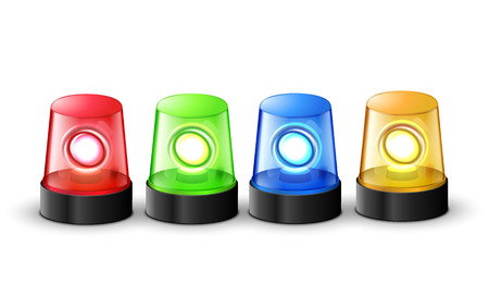 Red green blue and yellow flashing police beacon alarm. Police light siren emergency equipment. Danger flash ambulance beacon.のイラスト素材