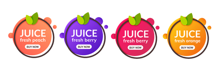 Juice fresh fruit label icon. Orange, lemon, berry, peach healthy juice design sticker.のイラスト素材