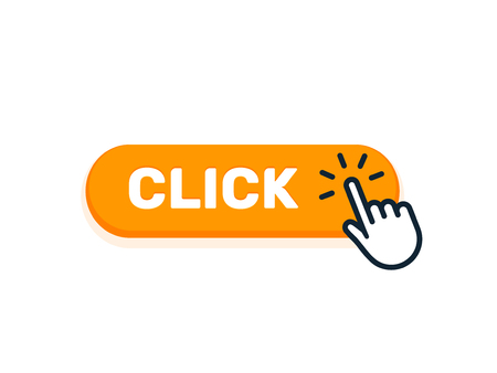 Click here button with hand icon. Vector click web sign cursor symbol. Button isolated.のイラスト素材
