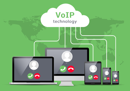 VoIP voice over IP illustration smartphone laptop network. Voip call flat concept design.のイラスト素材