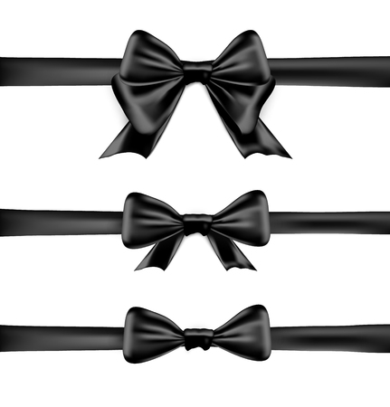 Black bow on white background greeting card. Ralistic black ribbon bow. Celebration decoration black design element.のイラスト素材