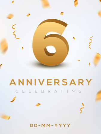 6 Anniversary gold numbers with golden confetti. Celebration 6th anniversary event party template.のイラスト素材