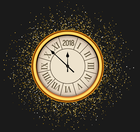 2018 new year shining background with clock. Happy new year 2018 celebration decoration poster, festive card template.のイラスト素材