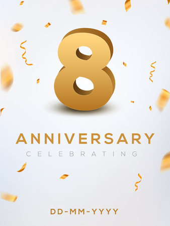 8 Anniversary gold numbers with golden confetti. Celebration 8th anniversary event party template.のイラスト素材