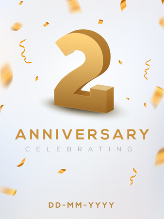 2 Anniversary gold numbers with golden confetti. Celebration 2 anniversary event party template.のイラスト素材