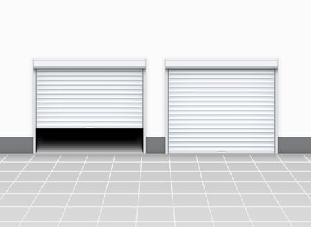 Warehouse or garage roller shutter door. Factory roller door entrance, floor building store shop interior.のイラスト素材