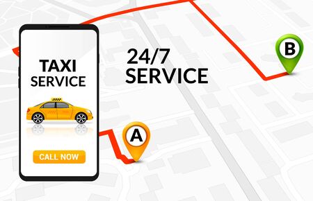 Taxi service app design. Mobile phone order taxi in city map location illustration.のイラスト素材
