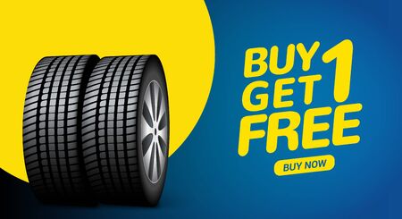Car tire sale banner, buy 1 get 1 free. Car tyre service flyer promo background. Tire sale advertising.のイラスト素材