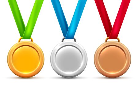 Vector silver gold bronze medal award icon. Metal winner trophy prize design.のイラスト素材