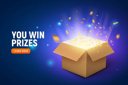 Vector prize gift box confetti explosion background. Open box winner reward.のイラスト素材