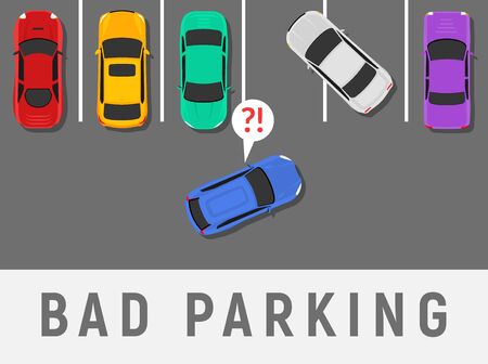 Bad parking car top view. Wrong parking area traffic road rules, flat vector car.のイラスト素材